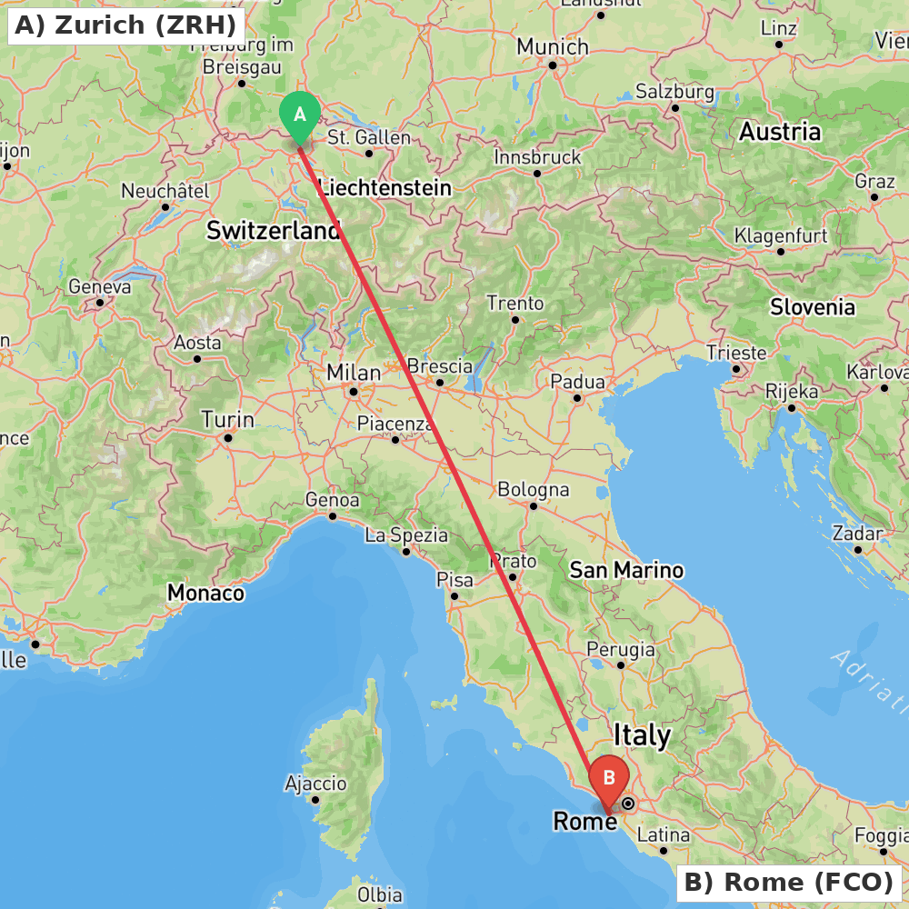 Flight route map from Zurich to Rome