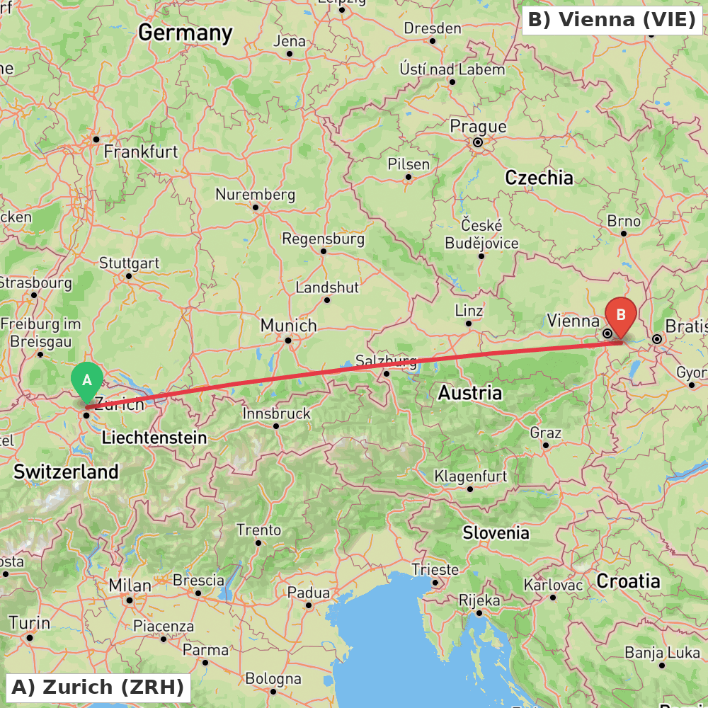 Flight route map from Zurich to Vienna
