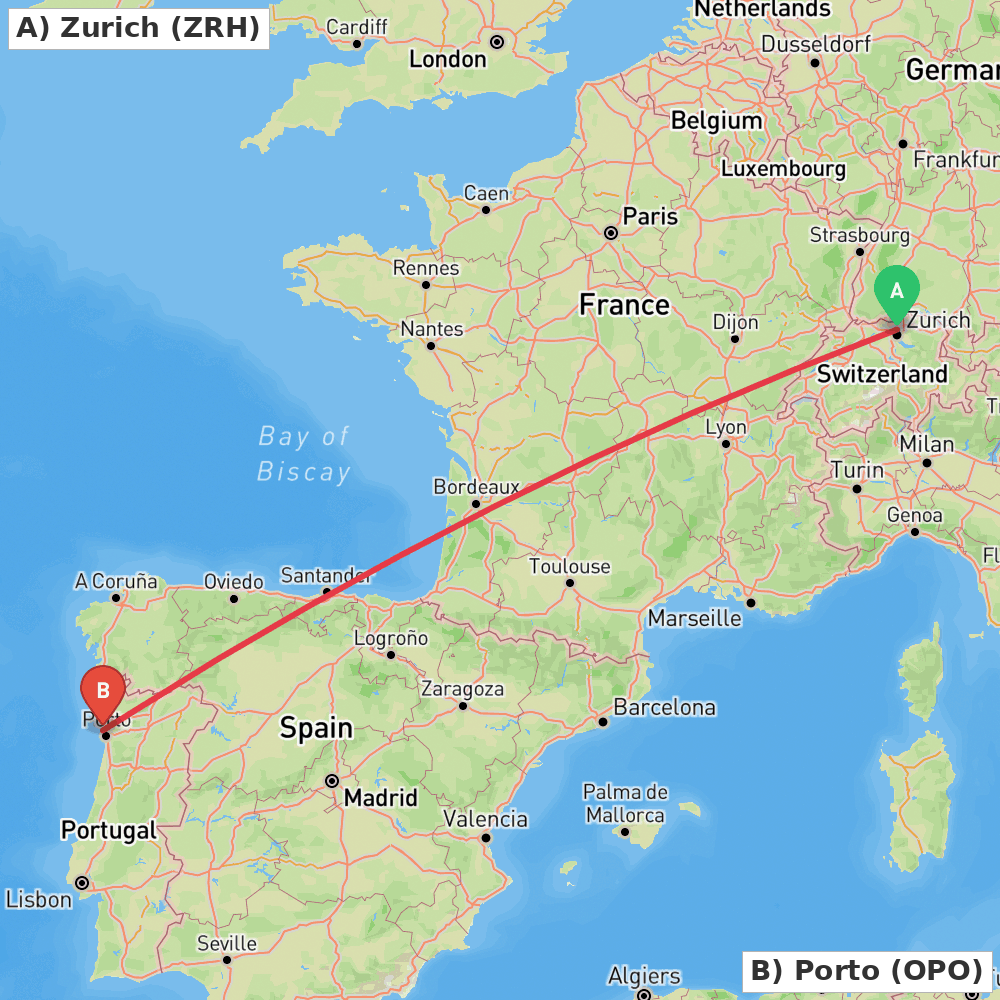 Flight route map from Zurich to Porto