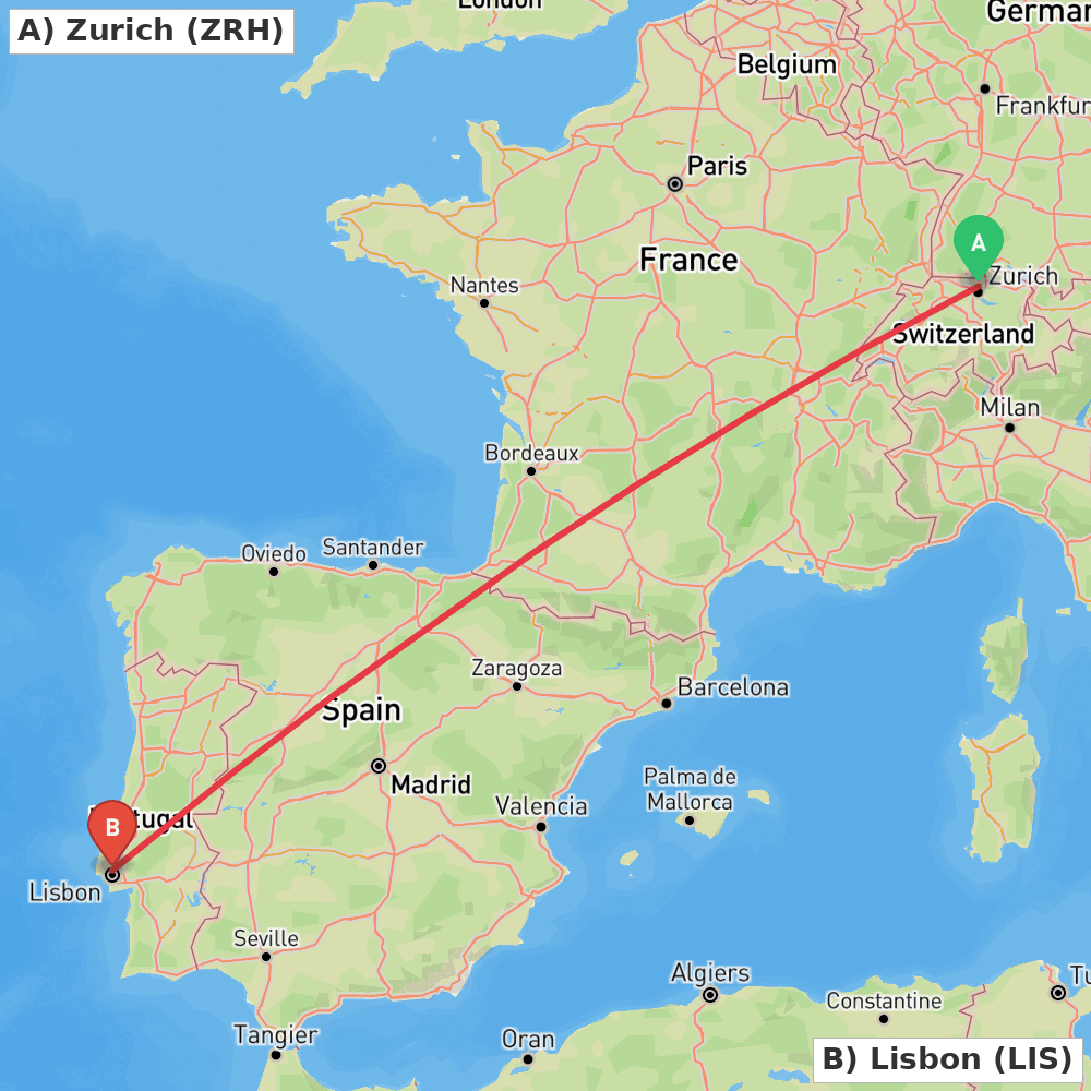 Flight route map from Zurich to Lisbon