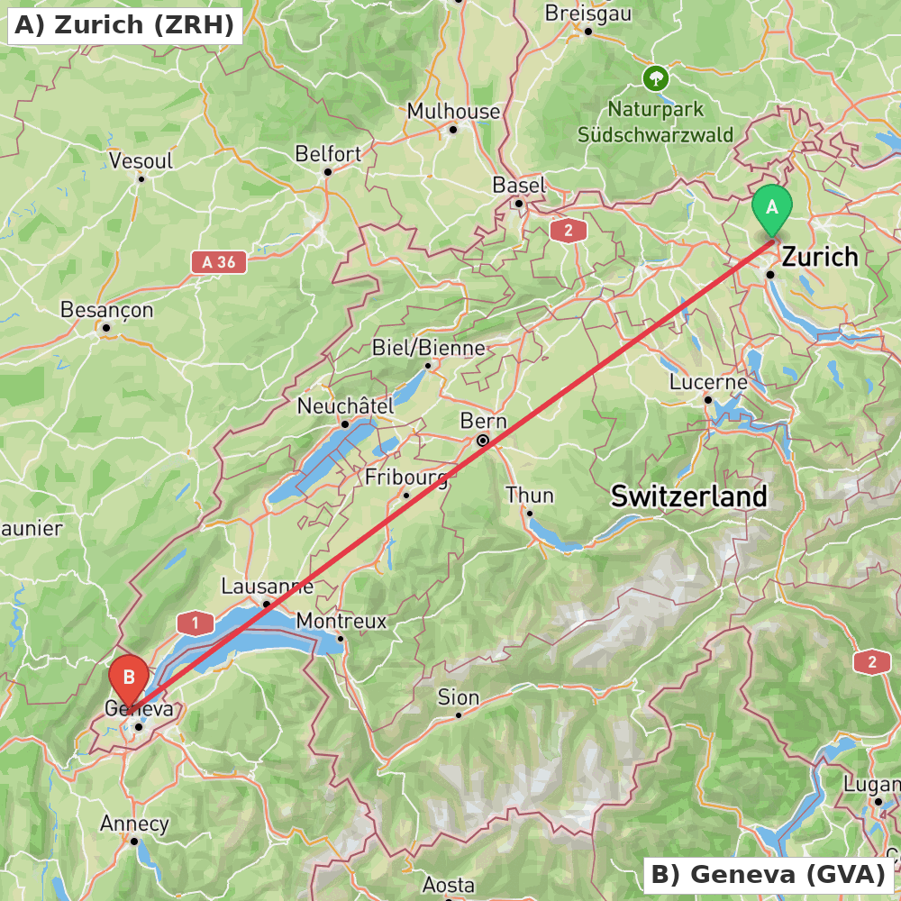Flight route map from Zurich to Geneva