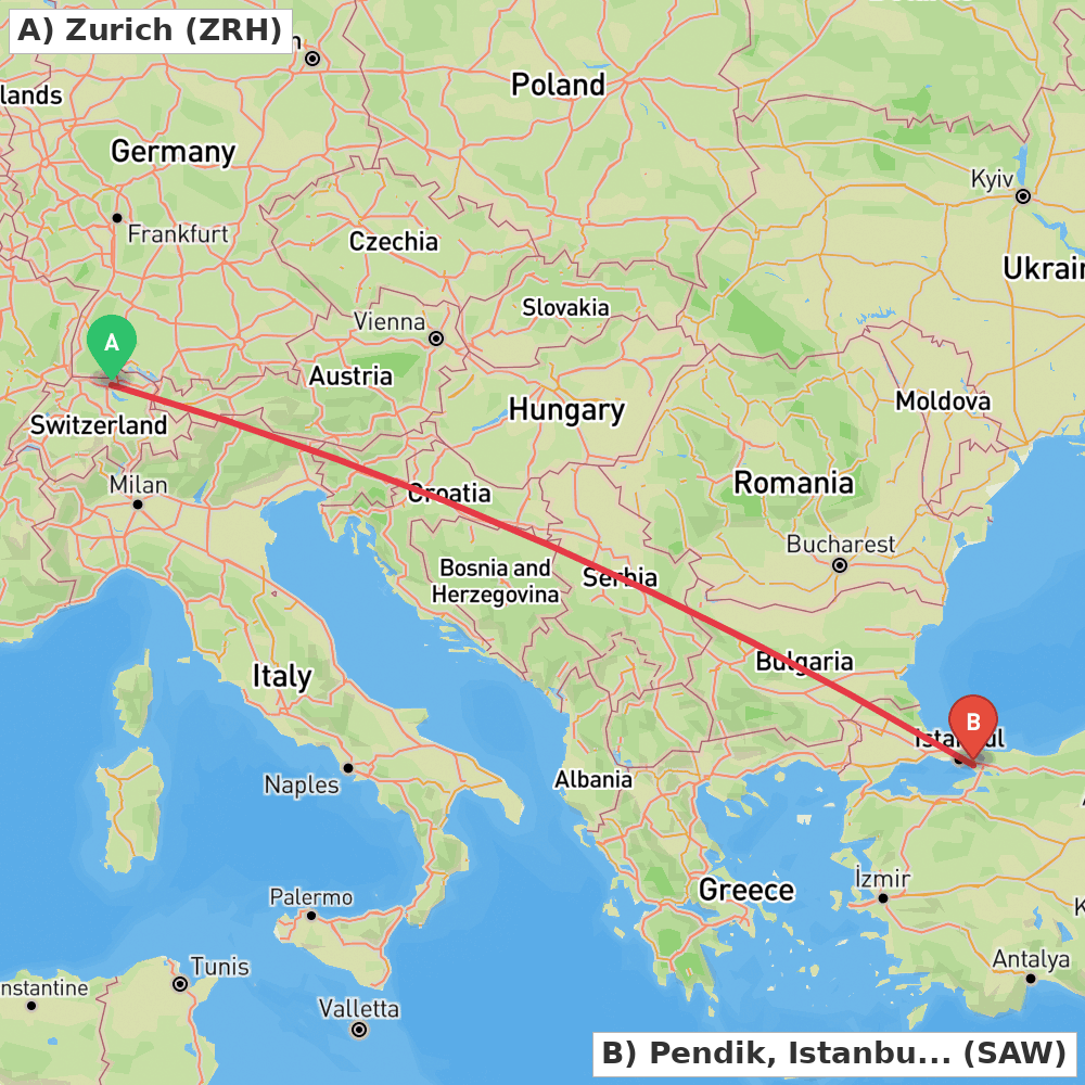 Flight route map from Zurich to Pendik, Istanbul