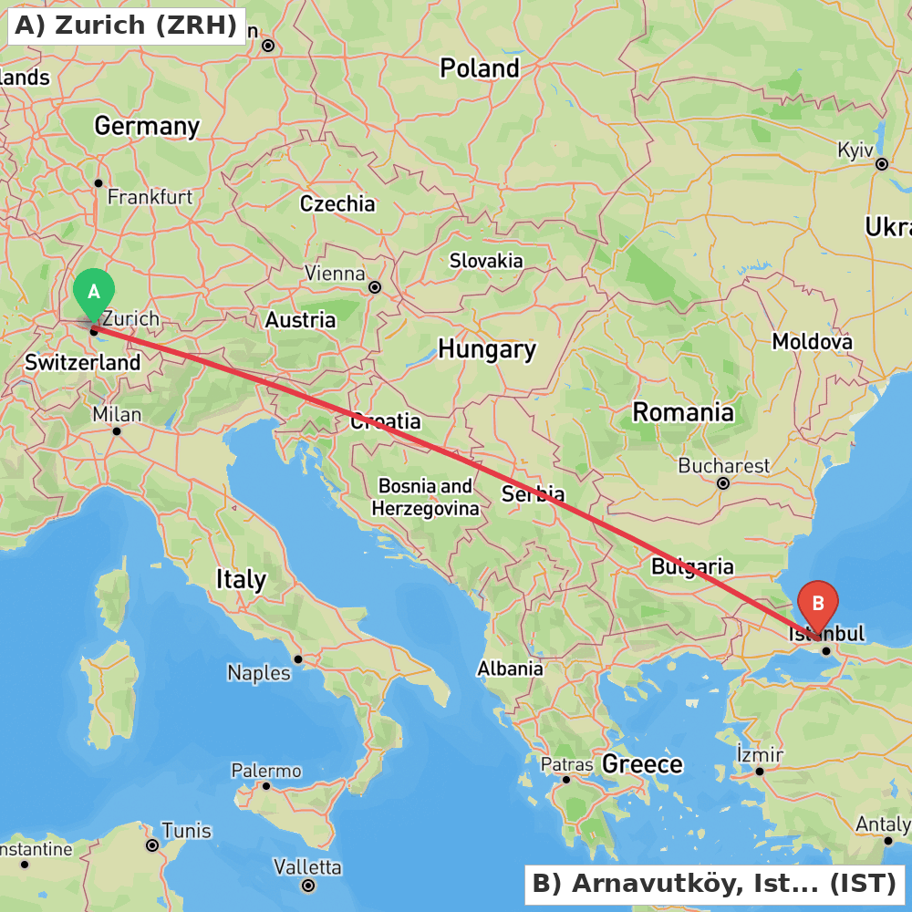 Flight route map from Zurich to Arnavutköy, Istanbul