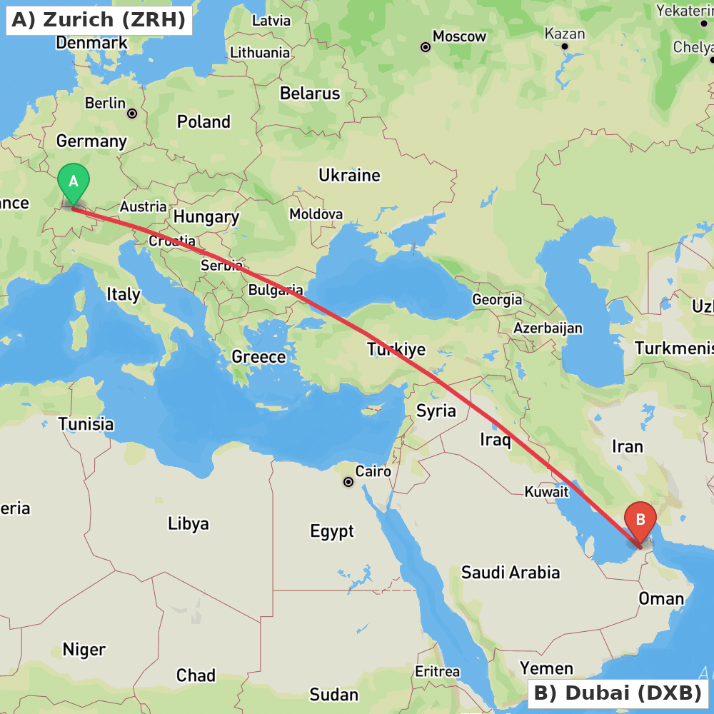 Flight route map from Zurich to Dubai