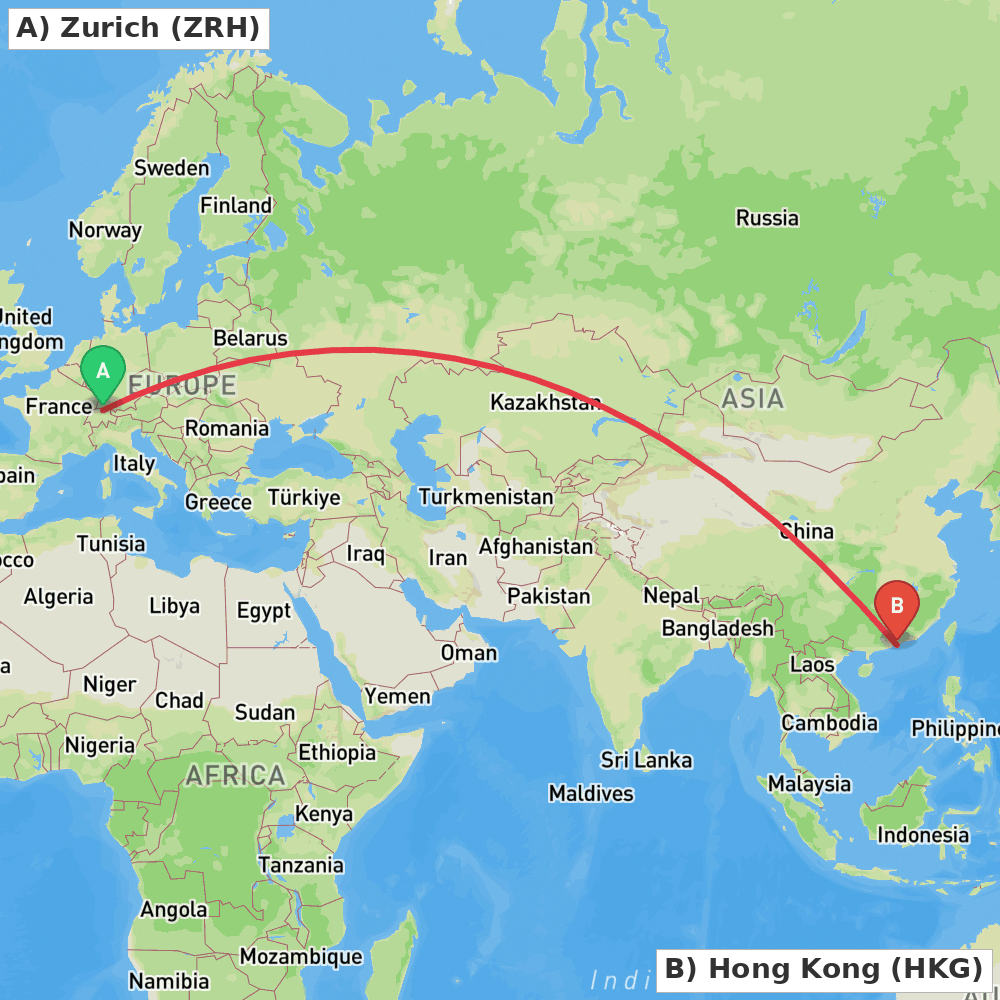 Flight route map from Zurich to Hong Kong
