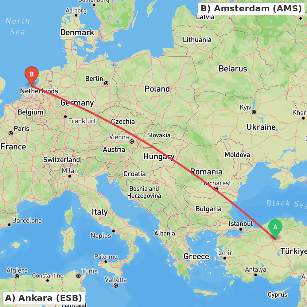 Flight route map from Ankara to Amsterdam
