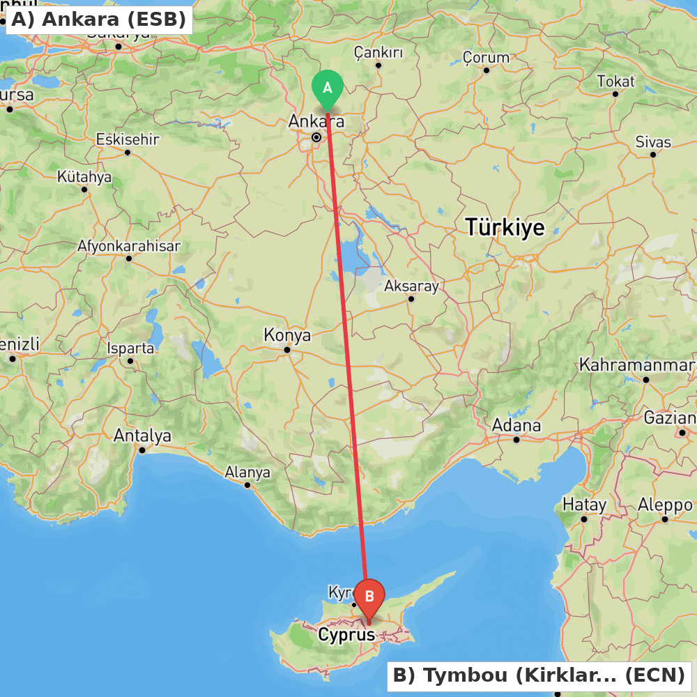 Flight route map from Ankara to Tymbou (Kirklar)
