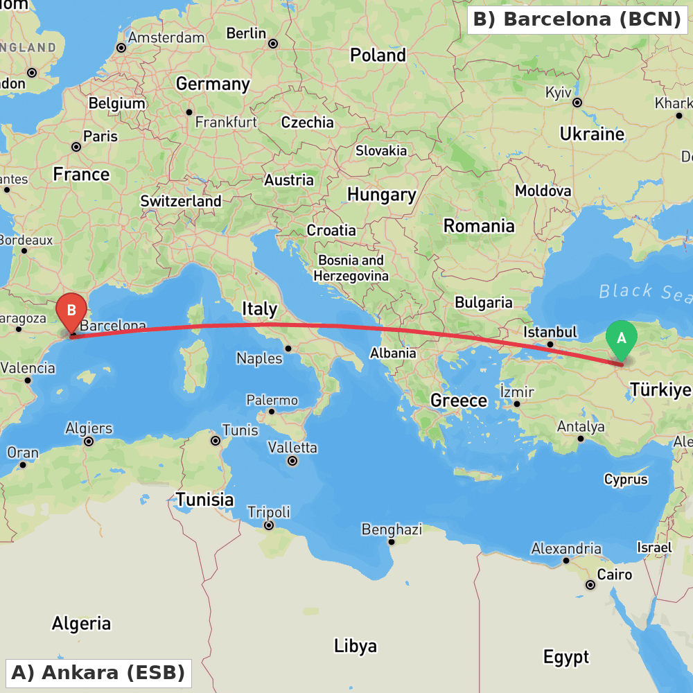 Flight route map from Ankara to Barcelona