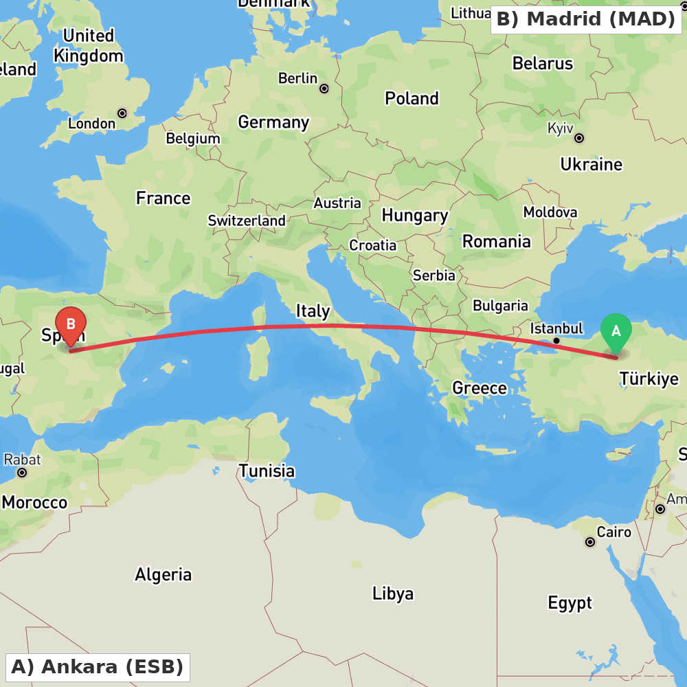 Flight route map from Ankara to Madrid