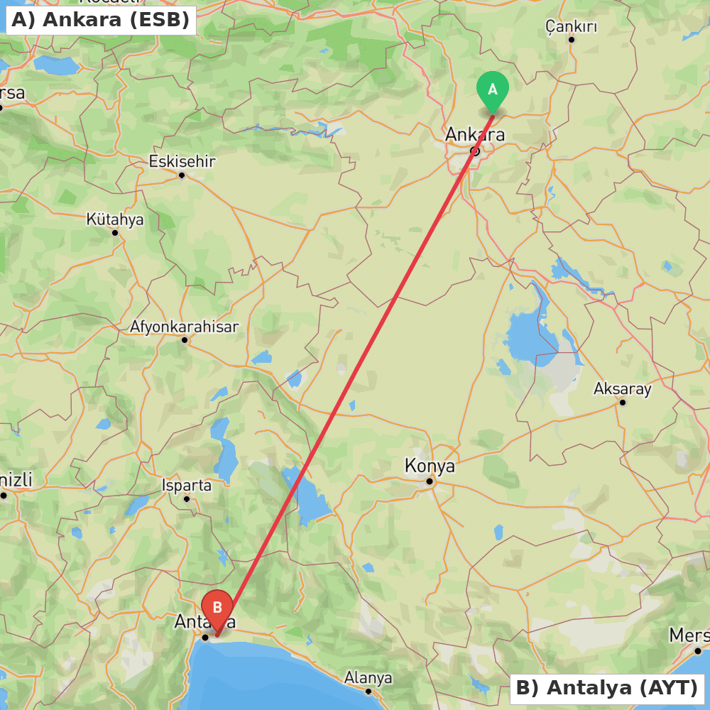 Flight route map from Ankara to Antalya