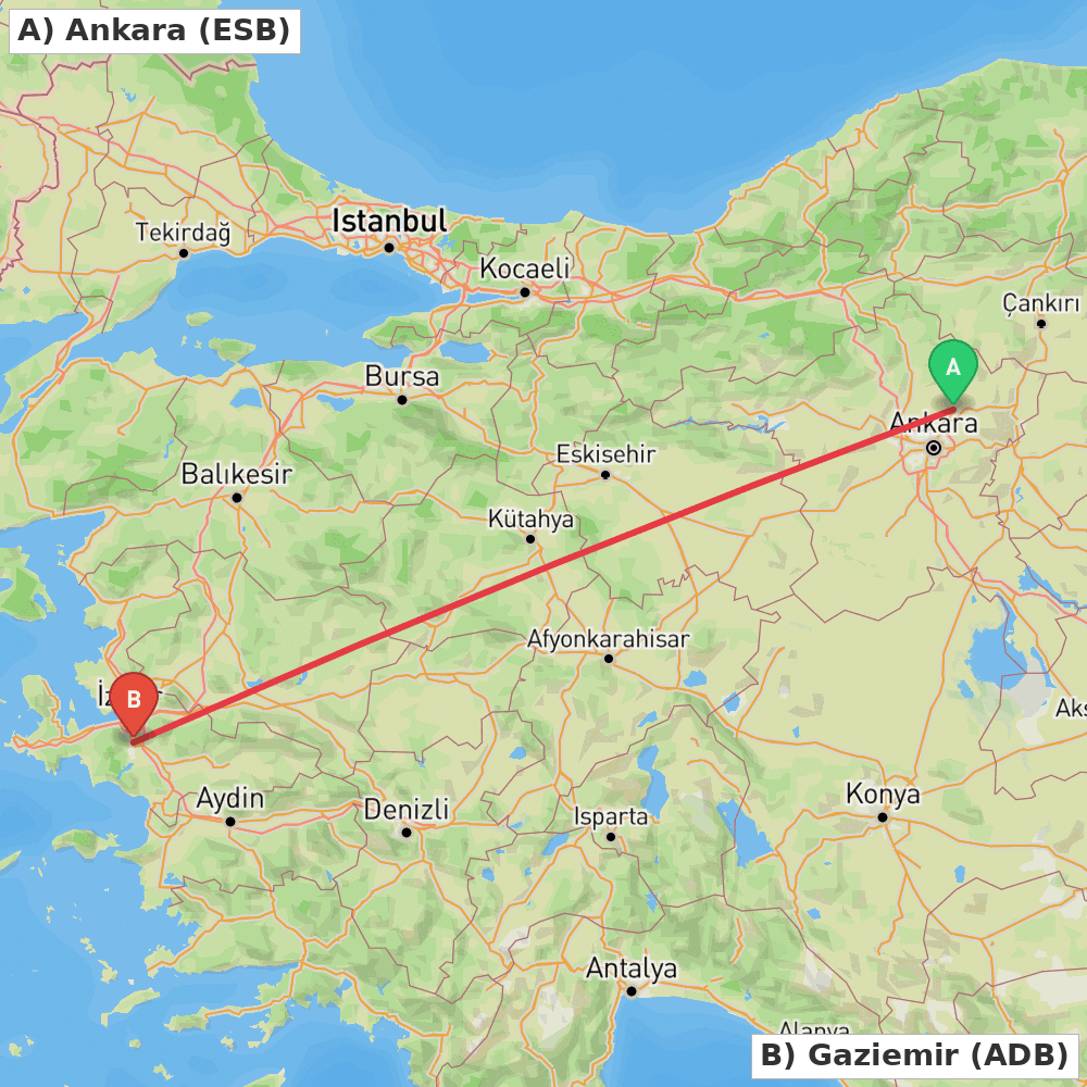 Flight route map from Ankara to Gaziemir