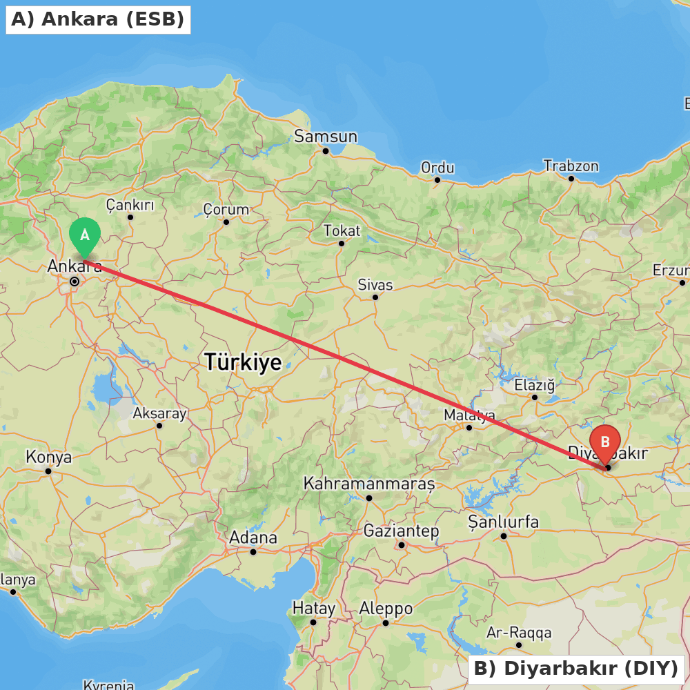 Flight route map from Ankara to Diyarbakır