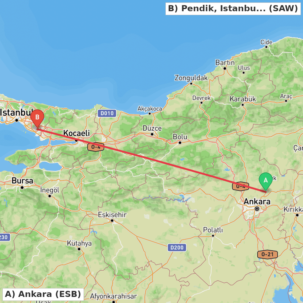 Flight route map from Ankara to Pendik, Istanbul