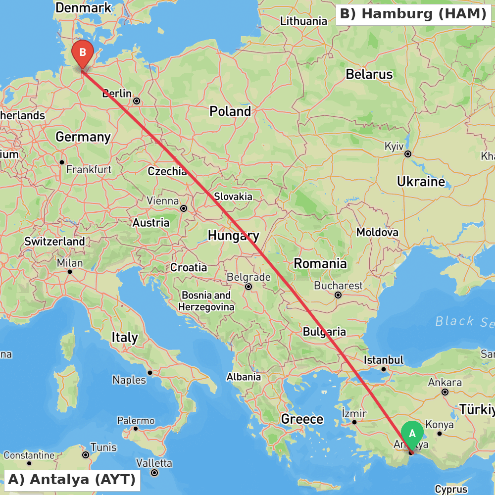 Flight route map from Antalya to Hamburg