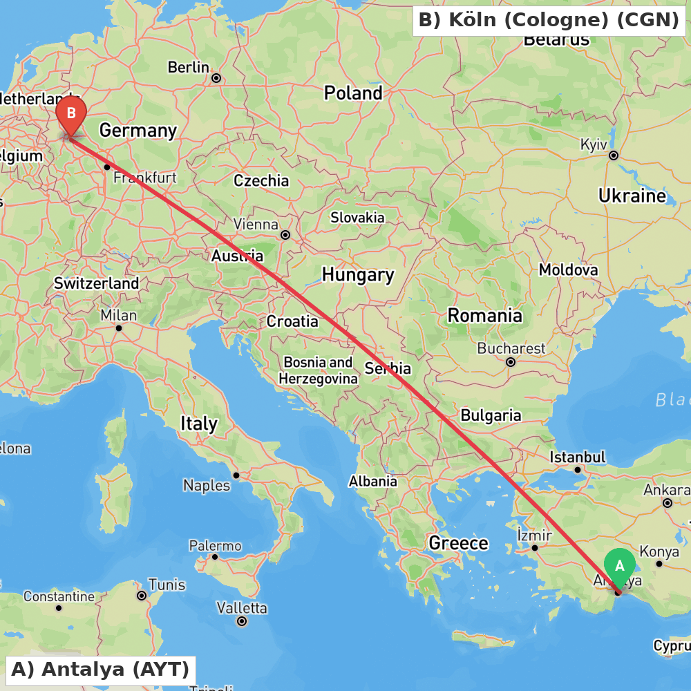 Flight route map from Antalya to Köln (Cologne)