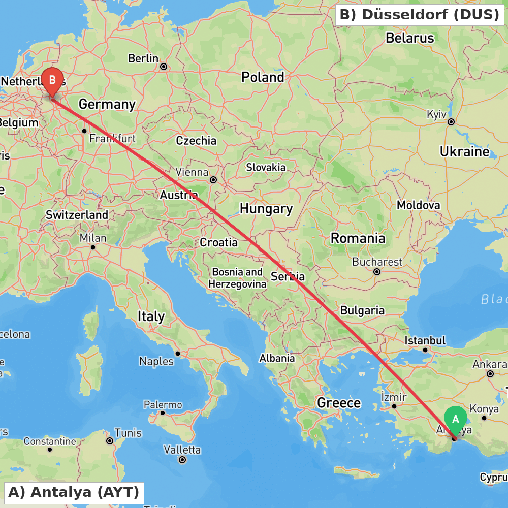 Flight route map from Antalya to Düsseldorf