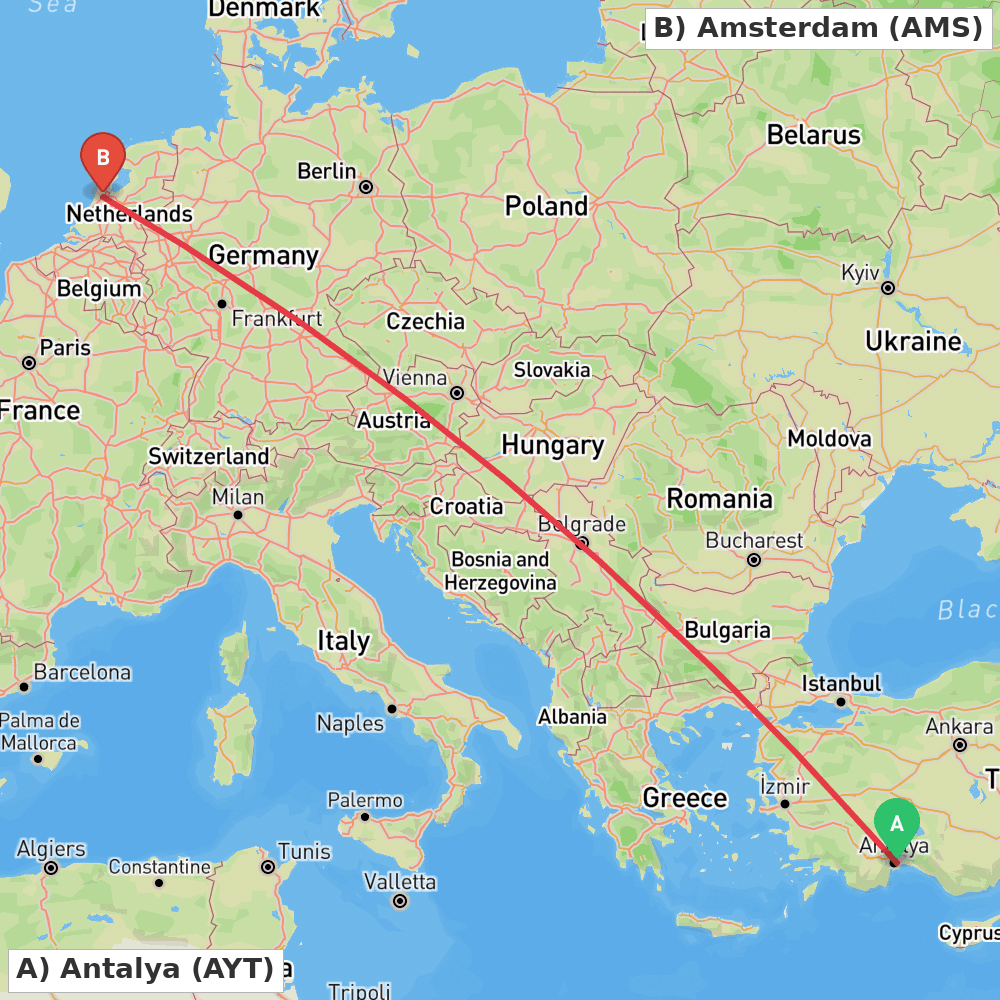 Flight route map from Antalya to Amsterdam
