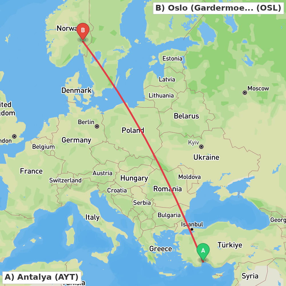 Flight route map from Antalya to Oslo (Gardermoen)