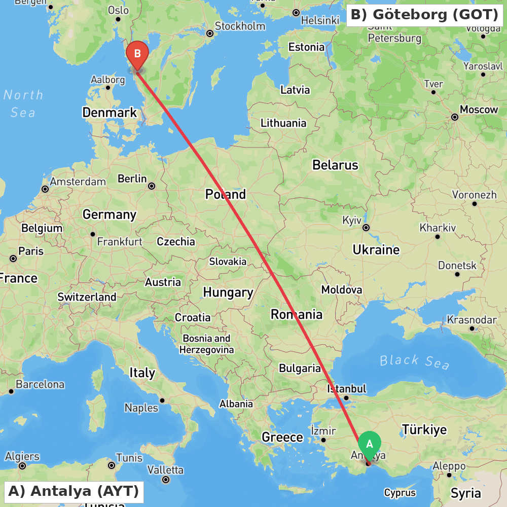 Flight route map from Antalya to Göteborg