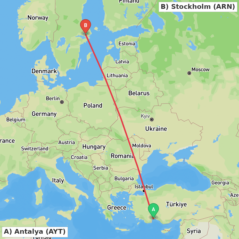 Flight route map from Antalya to Stockholm