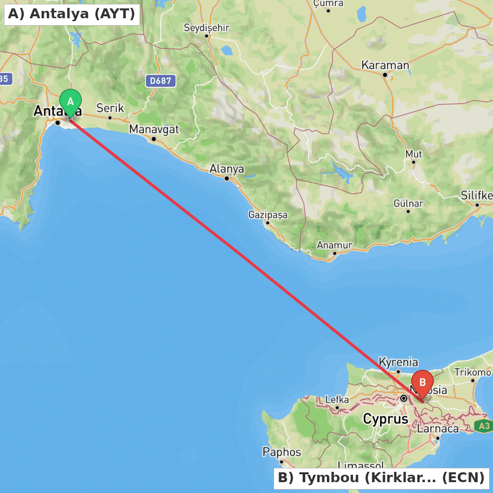 Flight route map from Antalya to Tymbou (Kirklar)