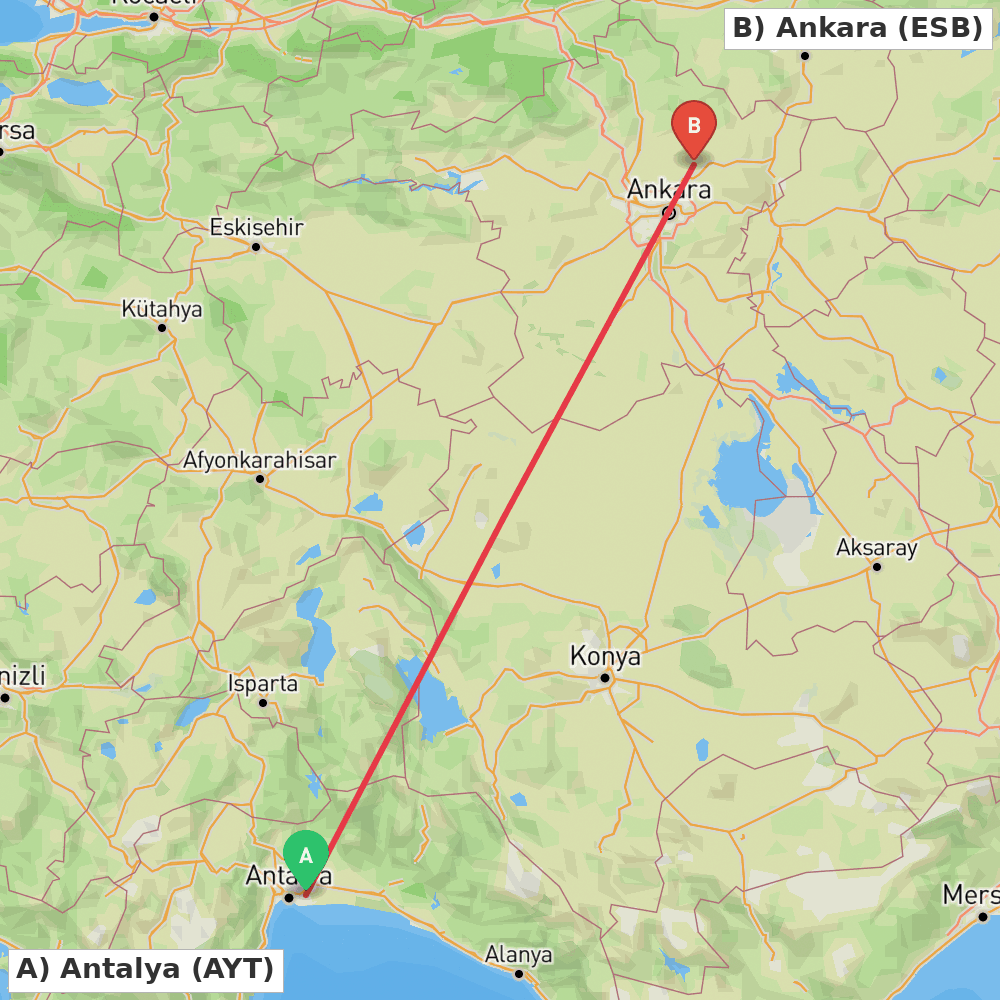 Flight route map from Antalya to Ankara