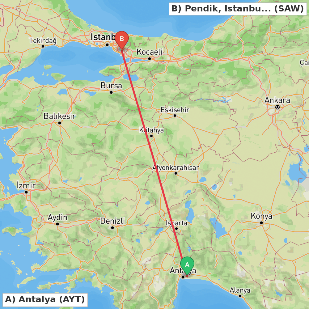 Flight route map from Antalya to Pendik, Istanbul