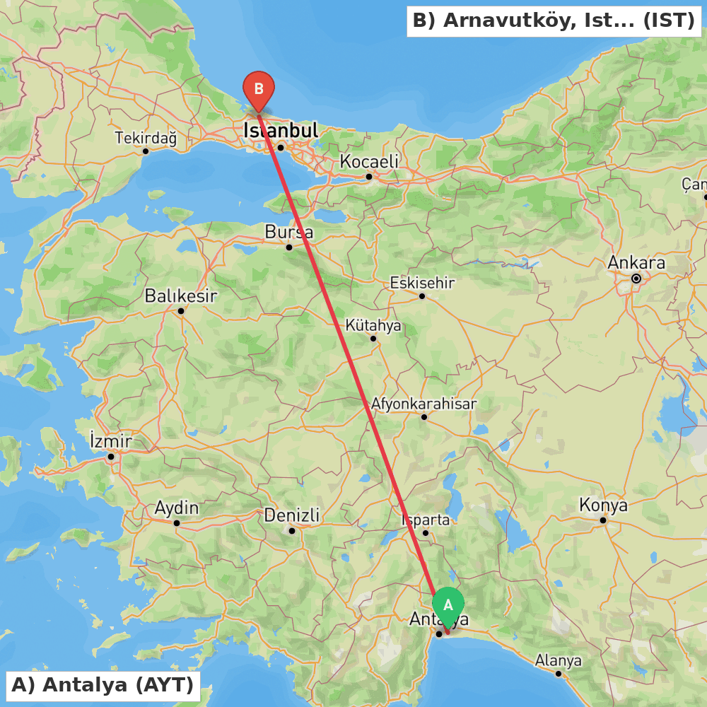 Flight route map from Antalya to Arnavutköy, Istanbul