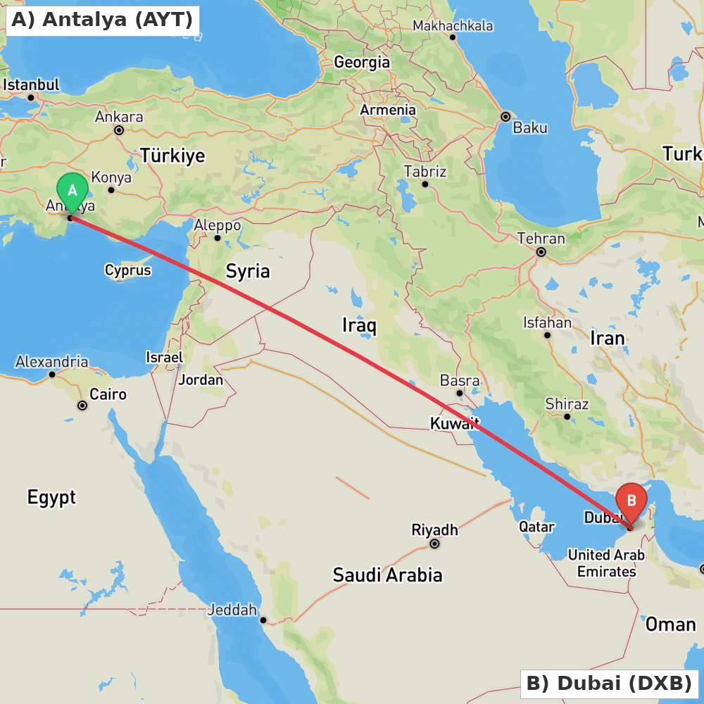 Flight route map from Antalya to Dubai