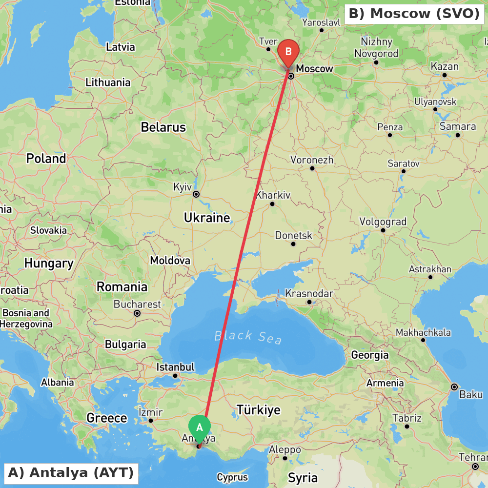Flight route map from Antalya to Moscow
