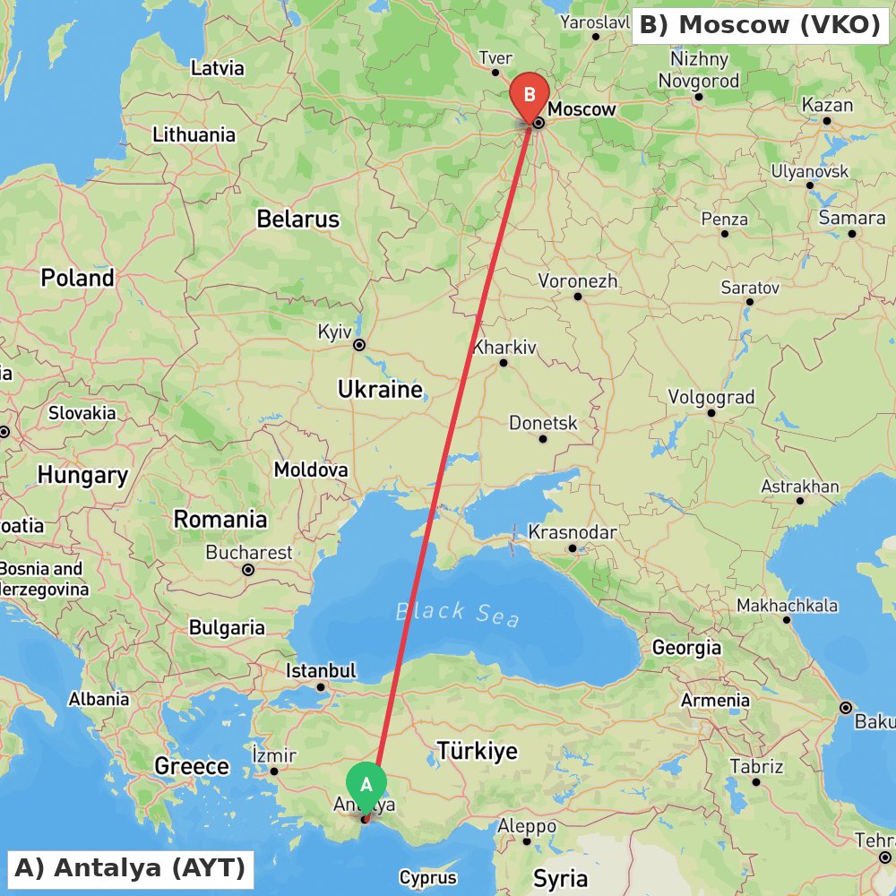 Flight route map from Antalya to Moscow