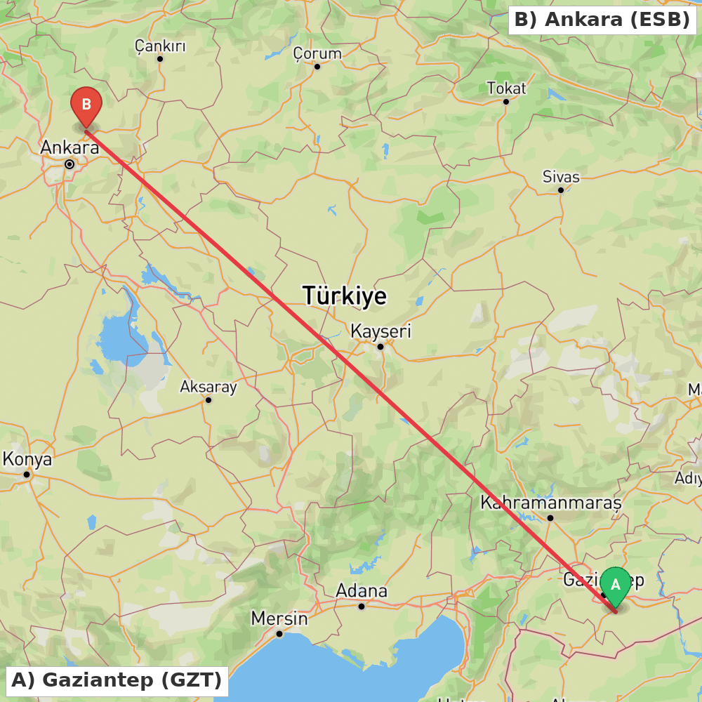 Flight route map from Gaziantep to Ankara