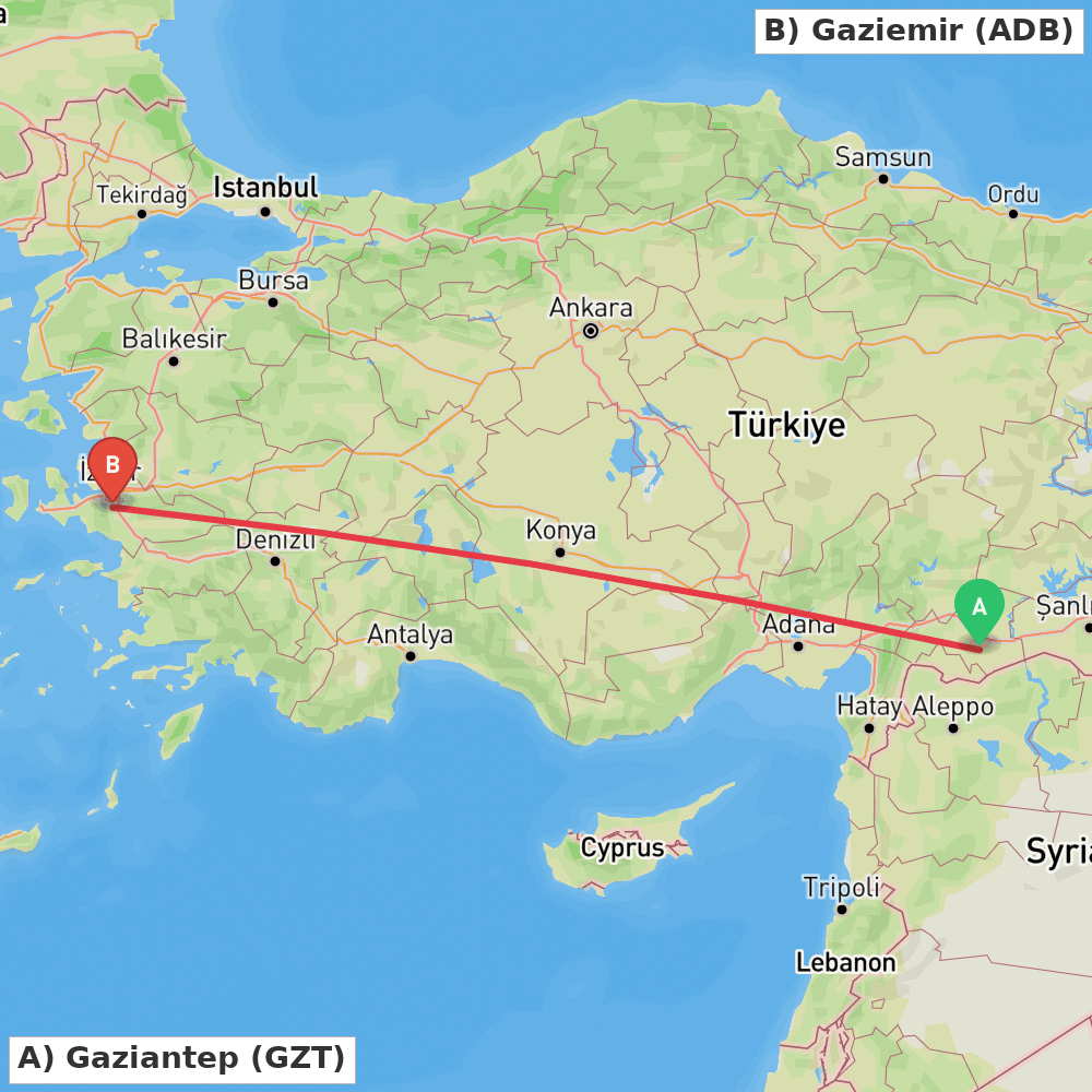 Flight route map from Gaziantep to Gaziemir