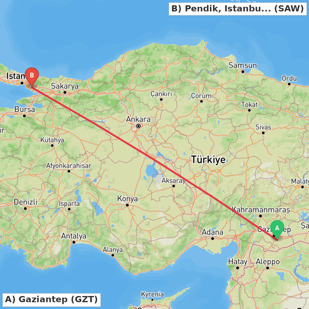 Flight route map from Gaziantep to Pendik, Istanbul