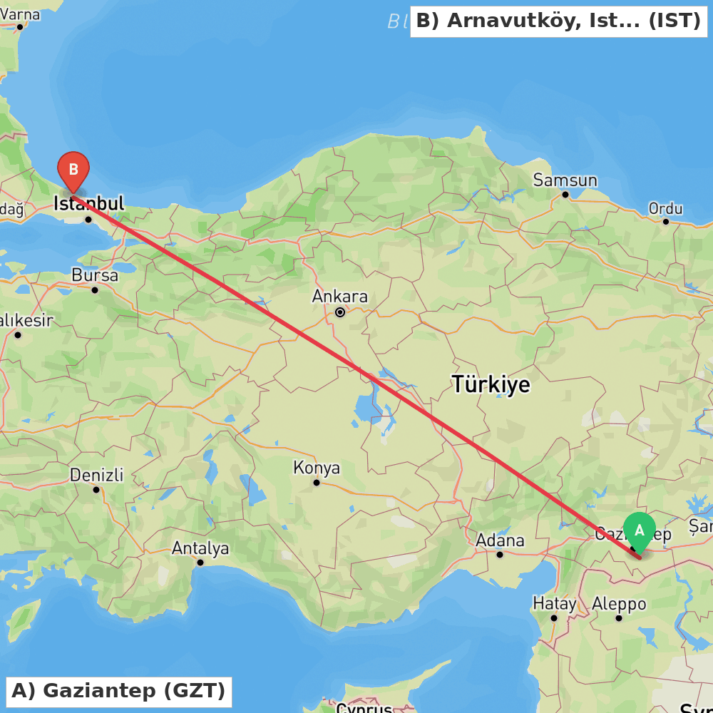 Flight route map from Gaziantep to Arnavutköy, Istanbul