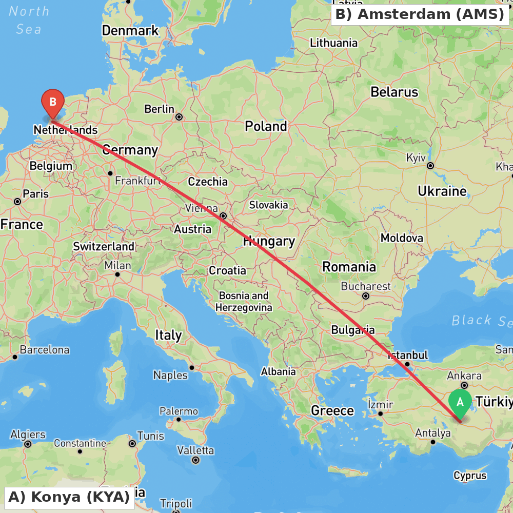 Flight route map from Konya to Amsterdam