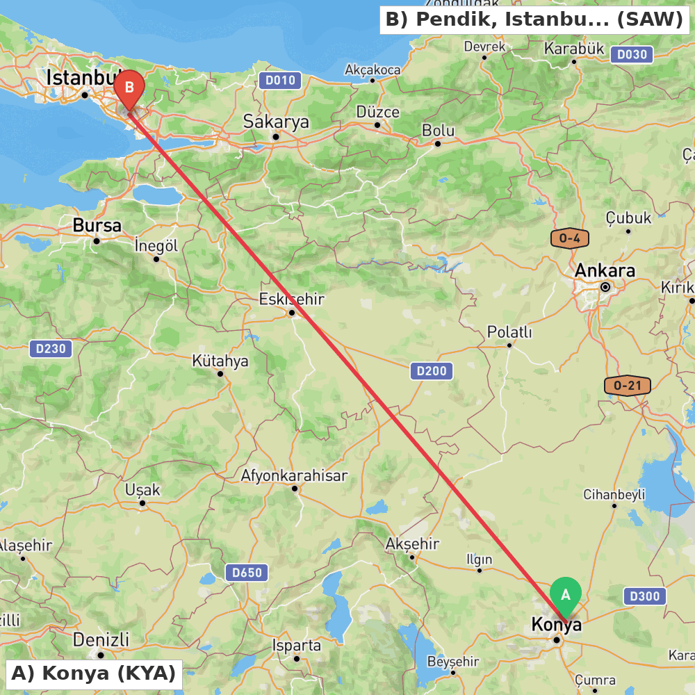 Flight route map from Konya to Pendik, Istanbul
