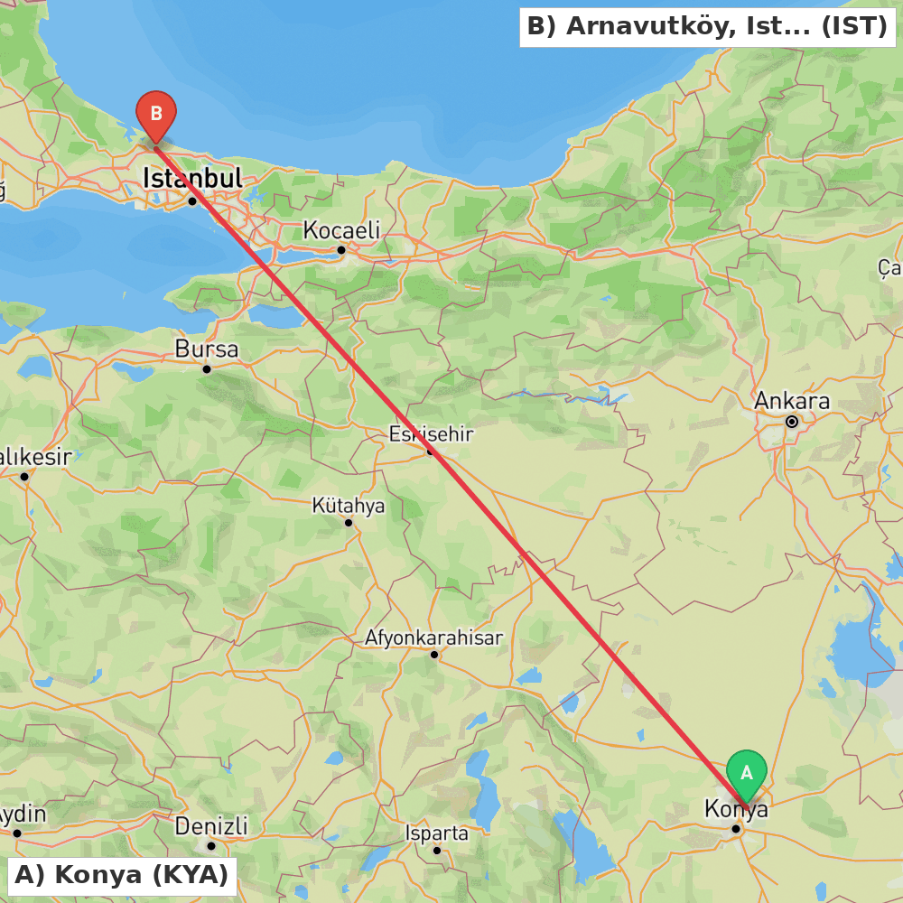 Flight route map from Konya to Arnavutköy, Istanbul