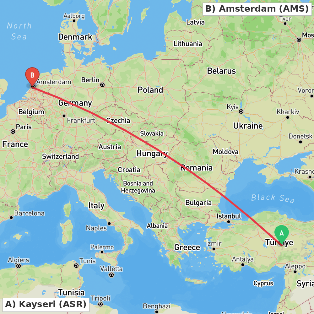 Flight route map from Kayseri to Amsterdam