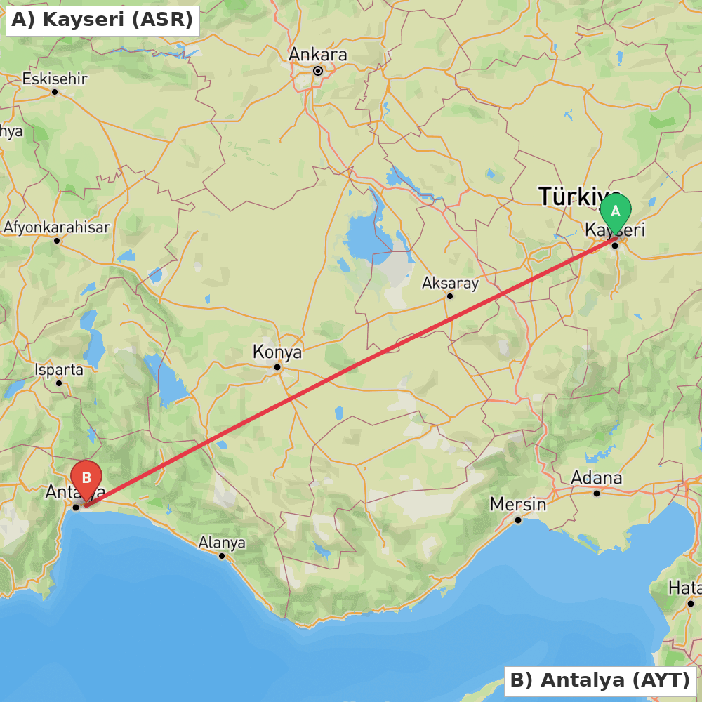 Flight route map from Kayseri to Antalya
