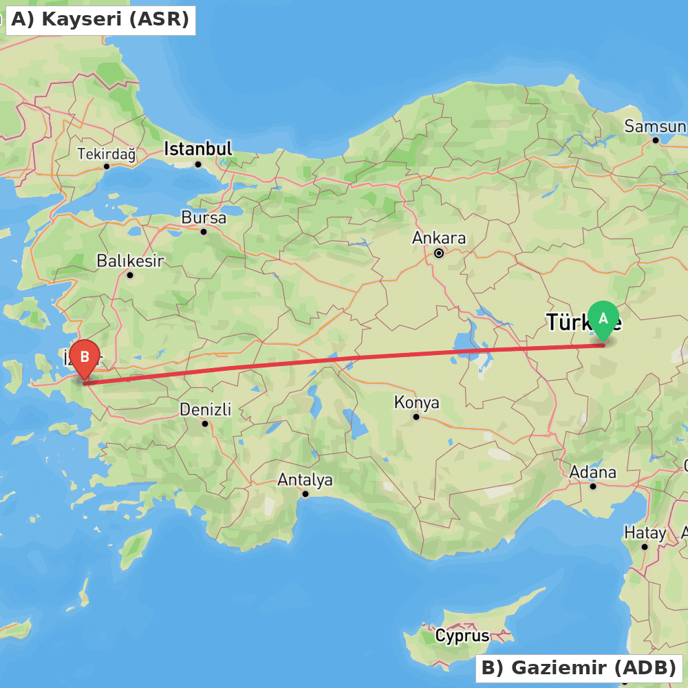 Flight route map from Kayseri to Gaziemir