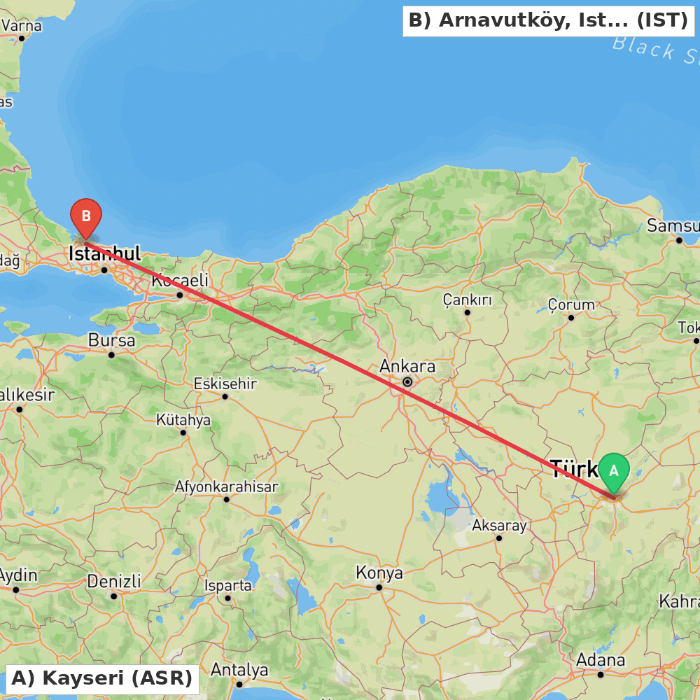 Flight route map from Kayseri to Arnavutköy, Istanbul