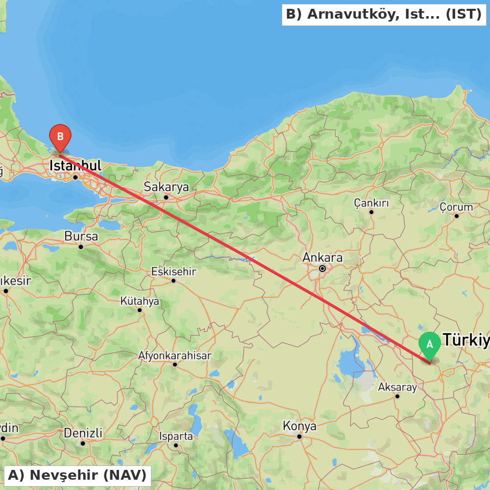 Flight route map from Nevşehir to Arnavutköy, Istanbul