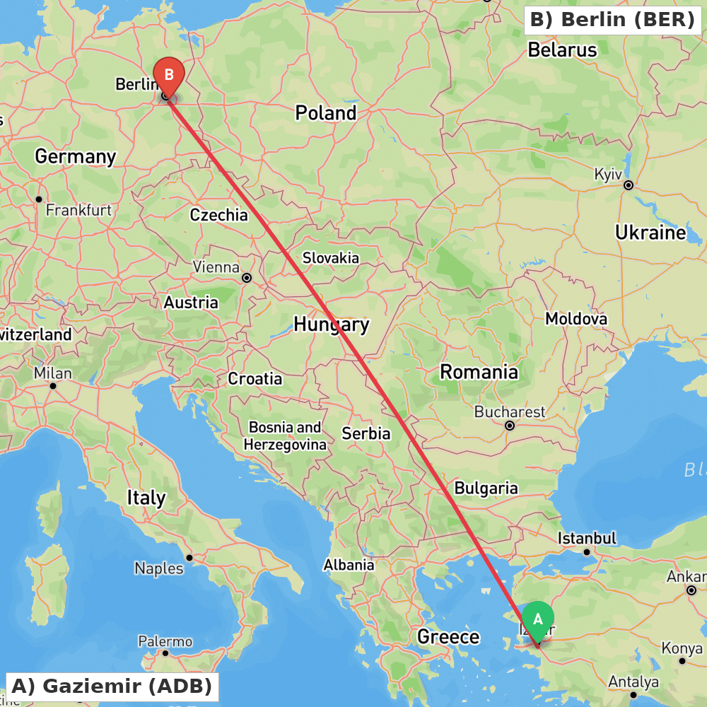 Flight route map from Gaziemir to Berlin