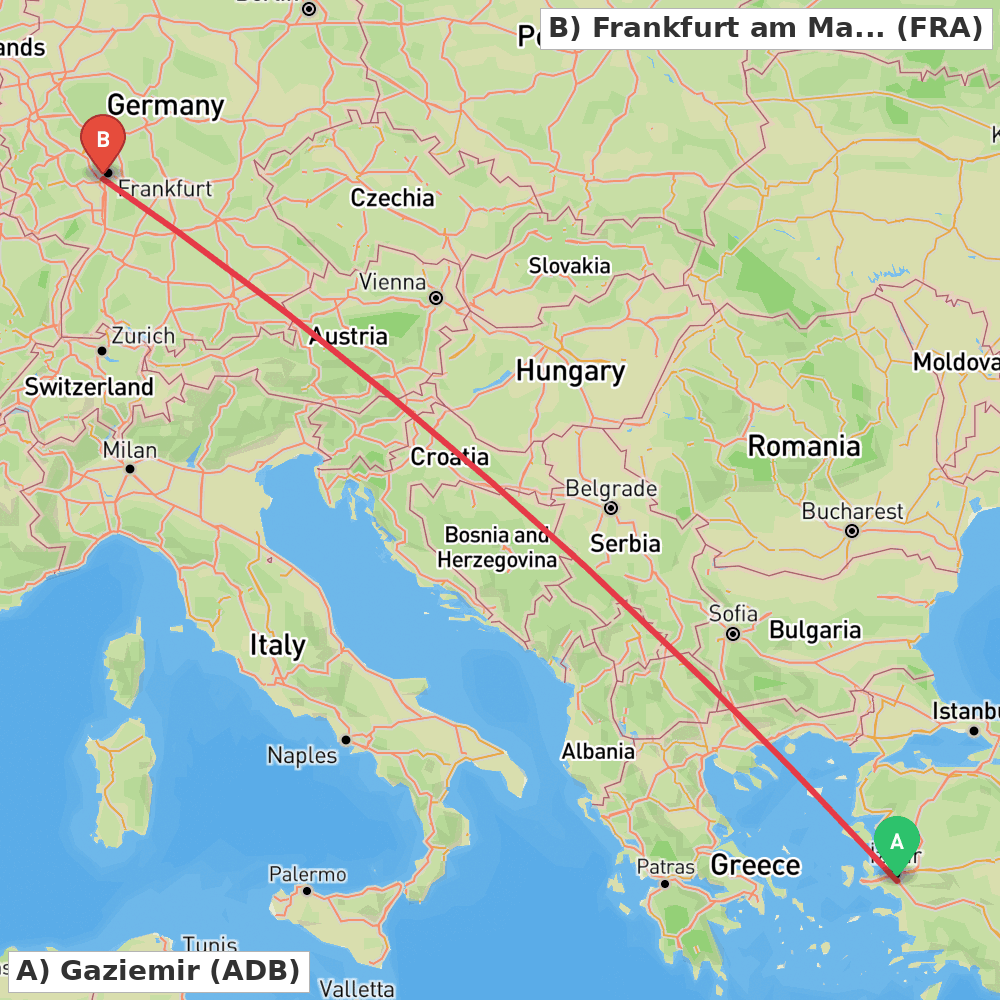 Flight route map from Gaziemir to Frankfurt am Main