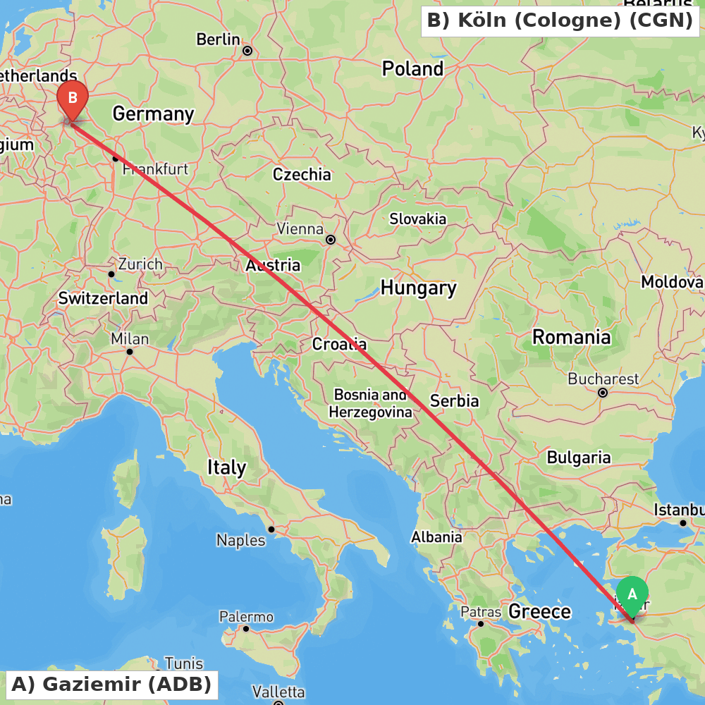 Flight route map from Gaziemir to Köln (Cologne)