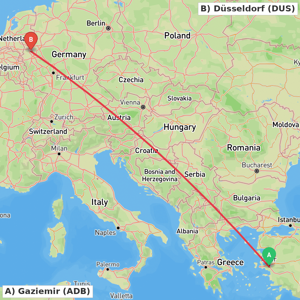 Flight route map from Gaziemir to Düsseldorf