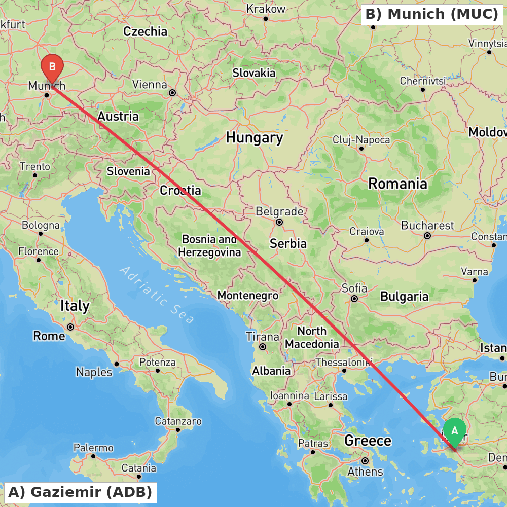 Flight route map from Gaziemir to Munich