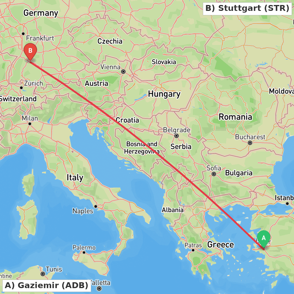 Flight route map from Gaziemir to Stuttgart
