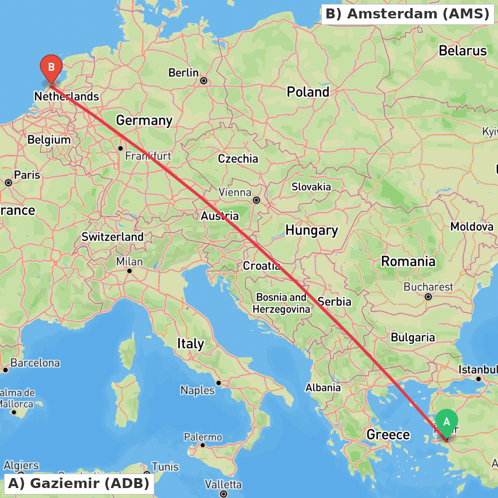 Flight route map from Gaziemir to Amsterdam